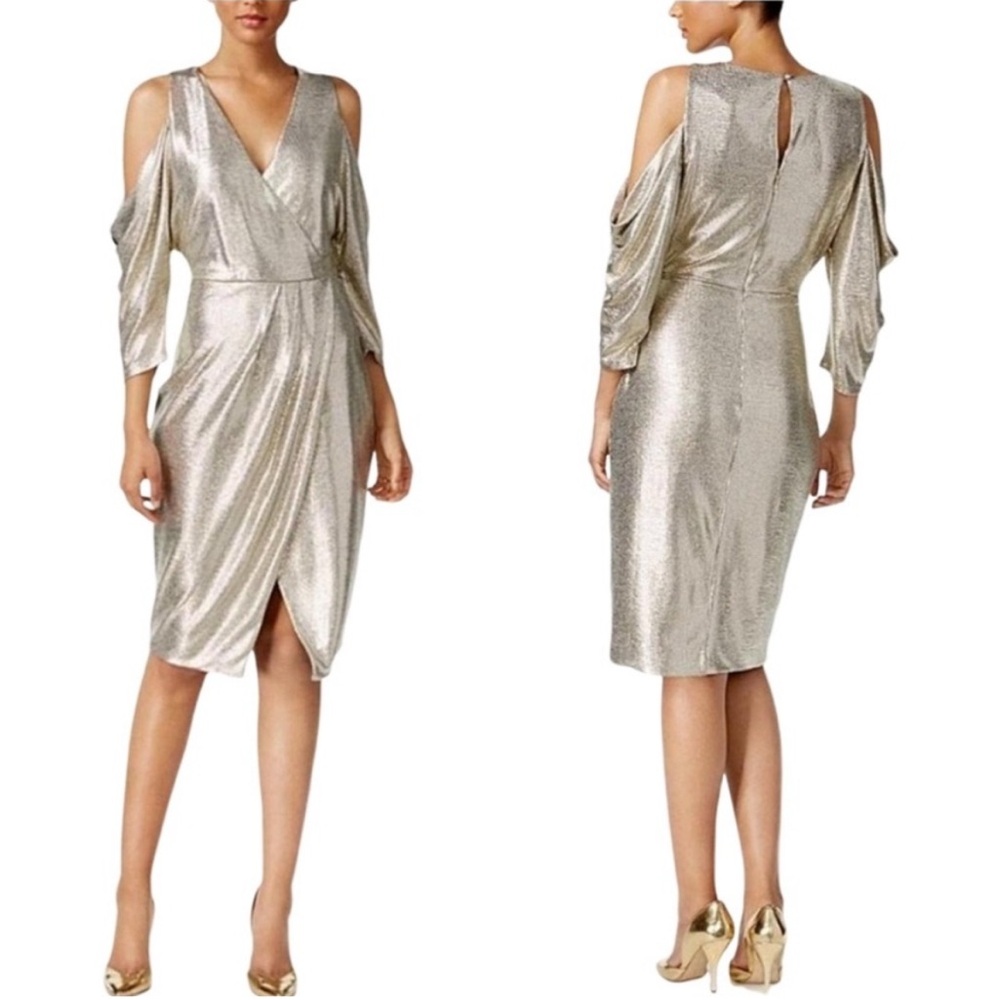 Rachel Rachel Roy Gold Metallic Cold Shoulder Wrap Dress Size M